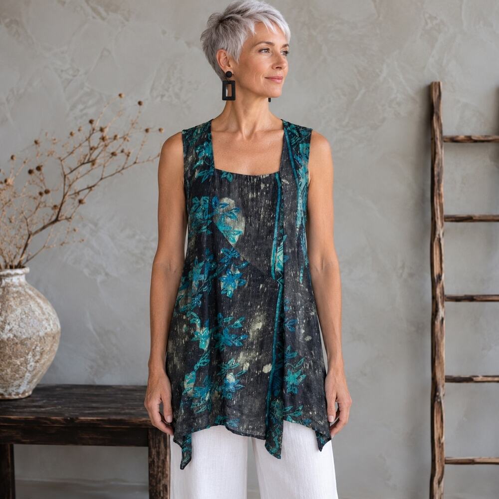 Soft Surroundings Gray & Blue Floral Sleeveles Rayon Top XS